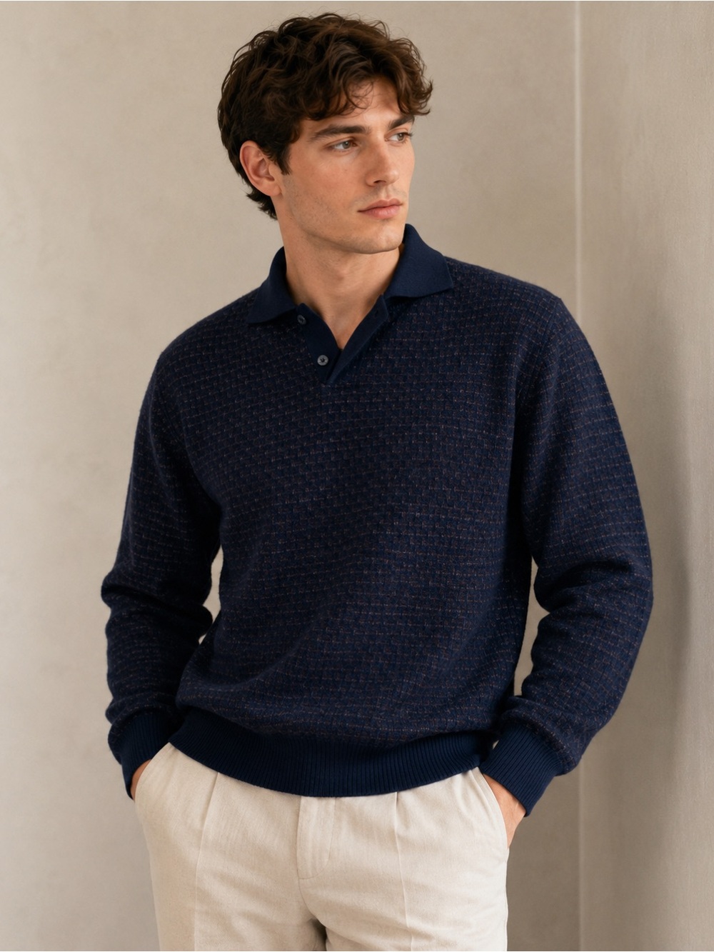 New NWT Merino Wool Men's Navy Patterned Knit Polo Pull over Sweater Medium’s